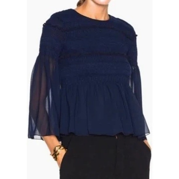 SeeByChloe Tops - SeeByChloe Dark Navy Blue Smocked Peplum Ruffle Bell Sleeve Top SZ 6 Dainty